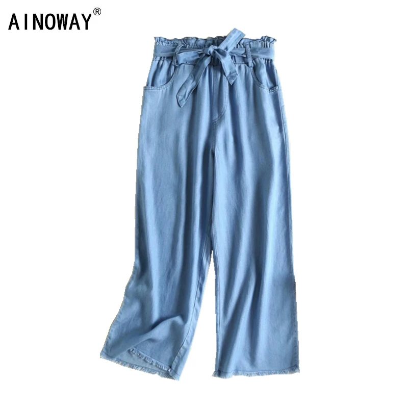 

Vintage chic women solid color bohemian wide leg pants ladies loose denim cotton Boho ankle length denim pants oversize