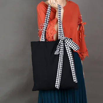 

Canvas Bag Women Casual Tote Environmental Shopping Bag Cute Bow Gild School Travel Bag Foldable Black Shoulder Bags