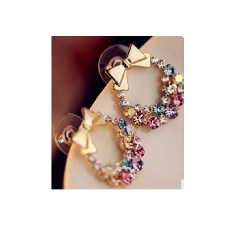 

2019 New Arrivals Hot Fashion Brincos Oorbellen Bijoux Colorful Crystal Eaerrings Exquisite Bow Stud Earrings For Women Jewelry