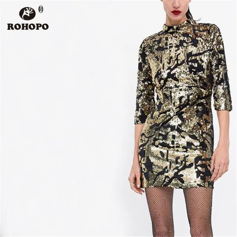 

ROHOPO Double Layers Autumn Long Sleeve Gold Sequined Dresss Back Hollow Sexy Party Vestido Floral Mini Tunic Dresses #AZ9148