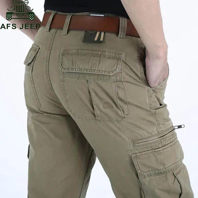 AFS JEEP/Брендовые мужские брюки-карго, новые дизайнерские военные однотонные прямые брюки, брюки-карго с несколькими карманами, Pantalon Homme - Цвет: Khaki