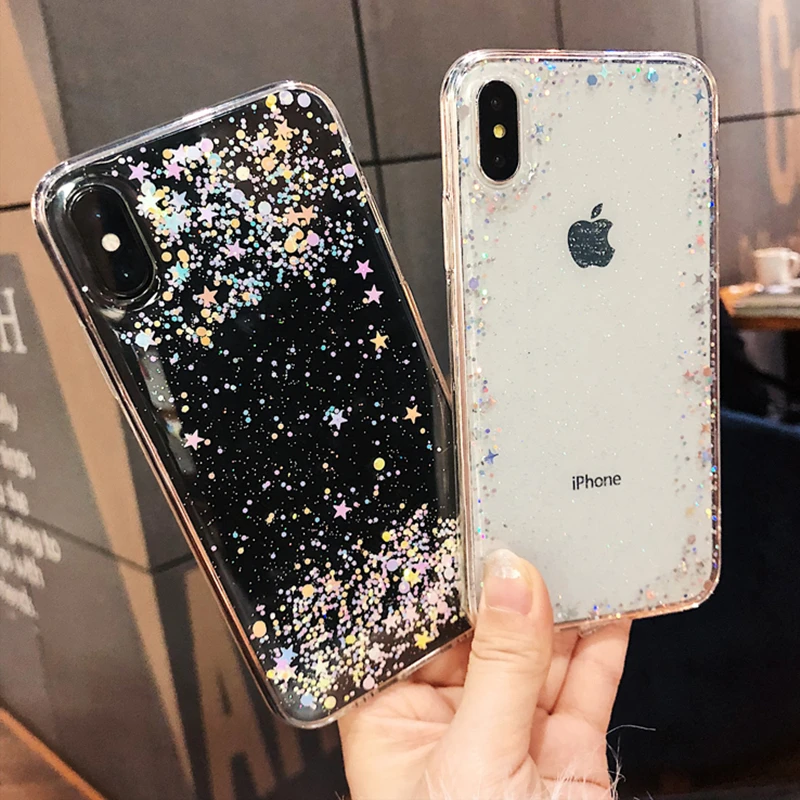 

for iPhone 7 Case Clear Silicon Bling Glitter Crystal Sequins Transparent Soft TPU Back Cover for iPhone 6 6s 8 Plus X XR XS Max