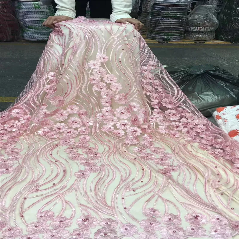 

High Quality Beaded African Lace Fabric Latest Design Nigerian Laces Fabrics Hot Sale French Tulle Lace Fabric For WomenHX1547-1