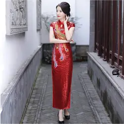 Красный Cheongsam для женщин традиционное платье пикантные Свадебные Qipao блесток вышивка китайский Восточный платья для Vestidos Formales Длинные