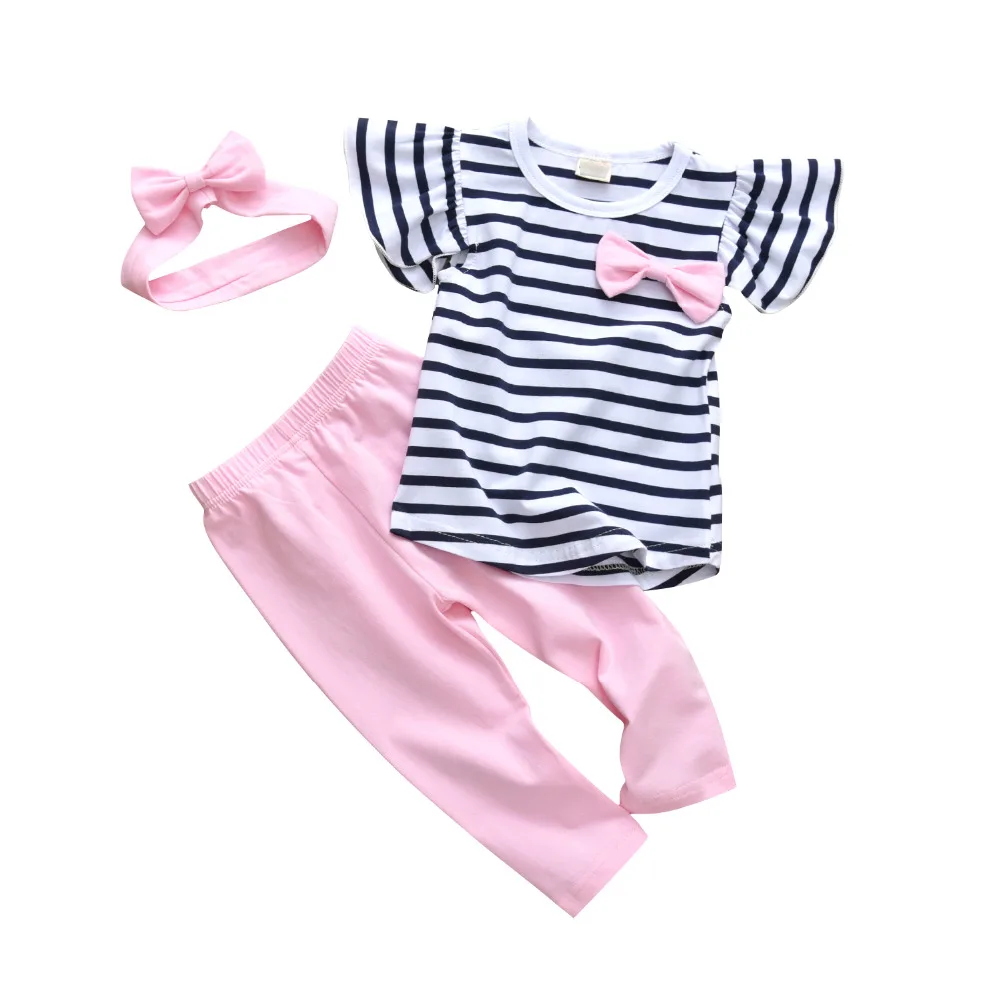 

Summer Infant Baby Girl Clothes Set Toddler Girls Stripe T-shirt + Pink Pure Pants + Headband Newborn Baby 3PCS Clothing Outfit