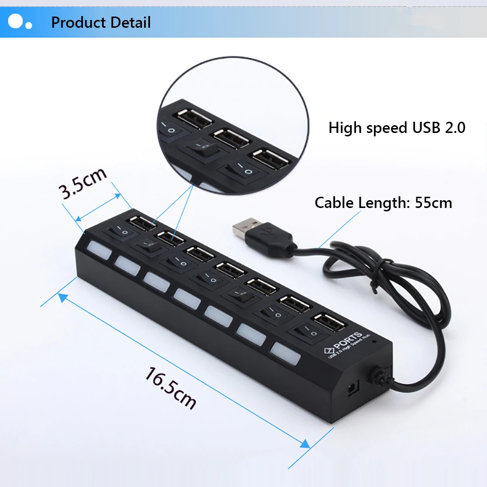 JDL-A7 концентратор USB HUB 7 Порты и разъёмы USB 2,0 независимых переключатель индикатор высокого Скорость Ultra Slim Splitter концентратор с USB кабель для рабочего стола