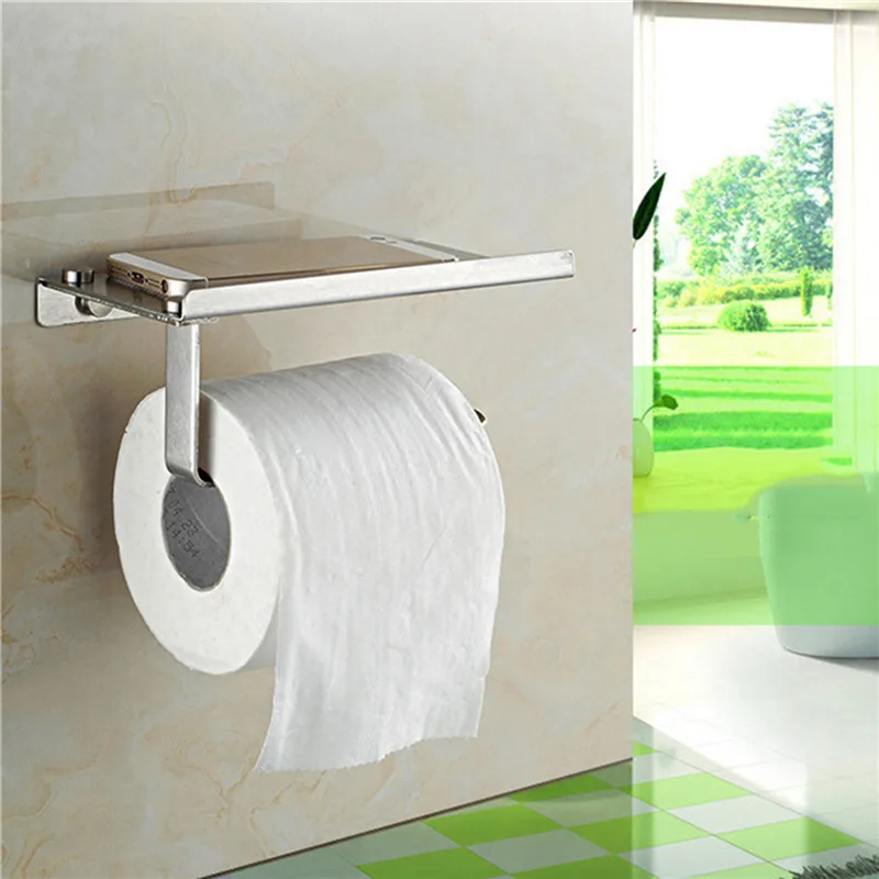 

304 Stainless Steel Bathroom Paper Roll Holder With Phone Shelf Toilet Paper Holder Tissue Box Bathroom Mobile Phone Towel Rack