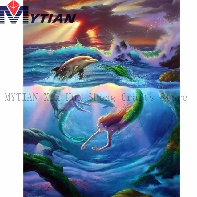 18092886 DIY 5D Diamond Painting Kit,Mermaids Swimming with Dolphins In Ocean,Storm Diamond Embroidery Full Drill Rhinestone Wall Sticker