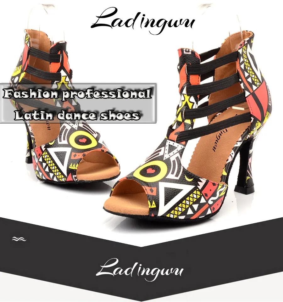 Ladingwu/Новинка; женские танцевальные туфли с принтом; сезон весна-лето; латинский танец сальсы; женские ботинки для бальных танцев