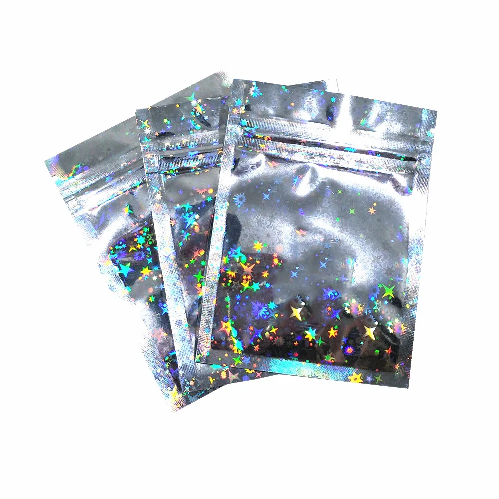 

100Pcs Glittery Aluminum Foil Package Bag Shining Star Printed Self Sealed Zipper Bag Food Grade Mylar Pouch Ziplock Bag Wedding