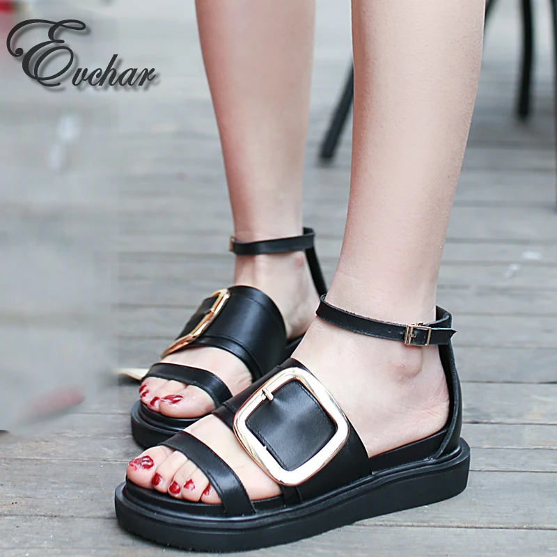 

Summer Women cow Genuine Leather metal decoration  Vintage Ladies Flat Sandal Ankle Strap Fashion Casual Platforms Shoes 34-39