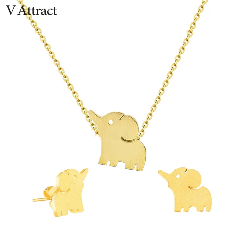 

V Attract 2018 Animal Tattoo Choker Gold Silver Ketting Luck Elephant Stud Earrings Charm Necklace For Women Dubai Jewelry Set