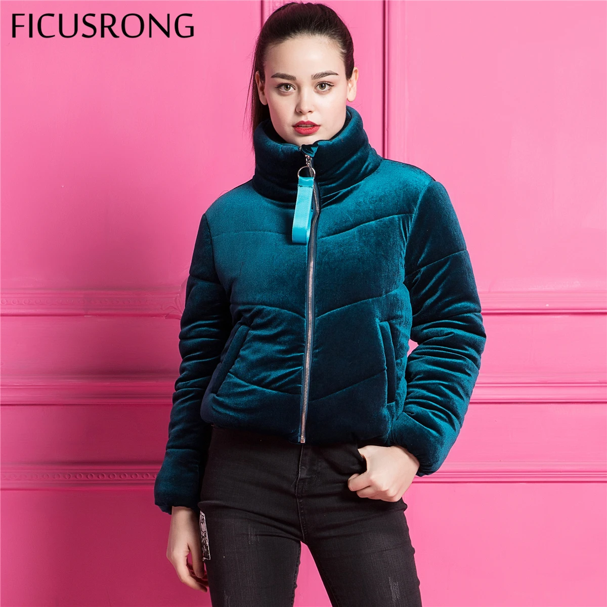 FICUSRONG Velvet cotton padded basic jacket coat Warm blue parkas jackets female 2018 new autumn winter jacket women outerwear