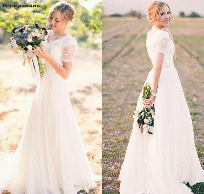 2019 New Spring Summer Bohemian Wedding Dresses Country Western Bridal Gowns A Line Cap Sleeve Sheer Appliqued Long Boho Wedding Gown BC1098  139 (2)