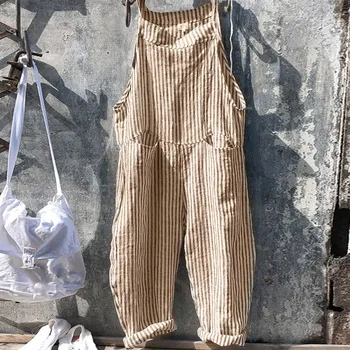 

Fashion 2019 Pocket High Waist Wide Leg Linen Jumpsuit 2019 Summer Spaghetti Strap Loose Striped Romper Women Casual Overalls
