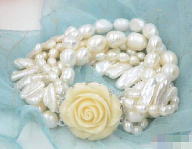 

Hot sell5row 8" white rice baroque biwa freshwater pearl bracelet -Bridal jewelry free shipping