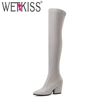 

WETKISS Latest Fashion Stretch Over Knee Boot Women Pointy toe Thick High Heels Shoes Winter Sexy Lady Thigh High Boot Big Size