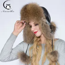 WNAORBM Real Raccoon fur Hats For Women Keep Warm Hat Leather facing Fashion Design Protect Ears