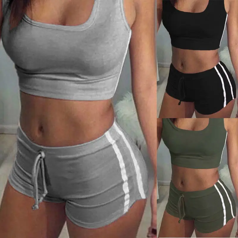 Women Yoga Set 2PCS Female Belt Suit Set Bra Sleeveless Tank Top Shorts font b Fitness