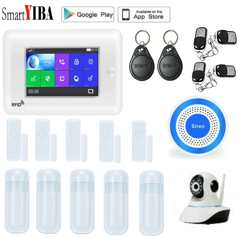 

SmartYIBA 4.3 Inch Touch Screen Wireless Home Burglar Security Alarm System Remote Control WIFI/3G/GPRS Alarm Kit RFID Cards