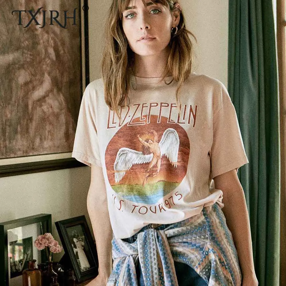 TXJRH модный Led Zeppelin письмо Ангел символ короткий рукав тройник стильный женский пуловер с круглым вырезом хлопок футболка Топы 2 цвета