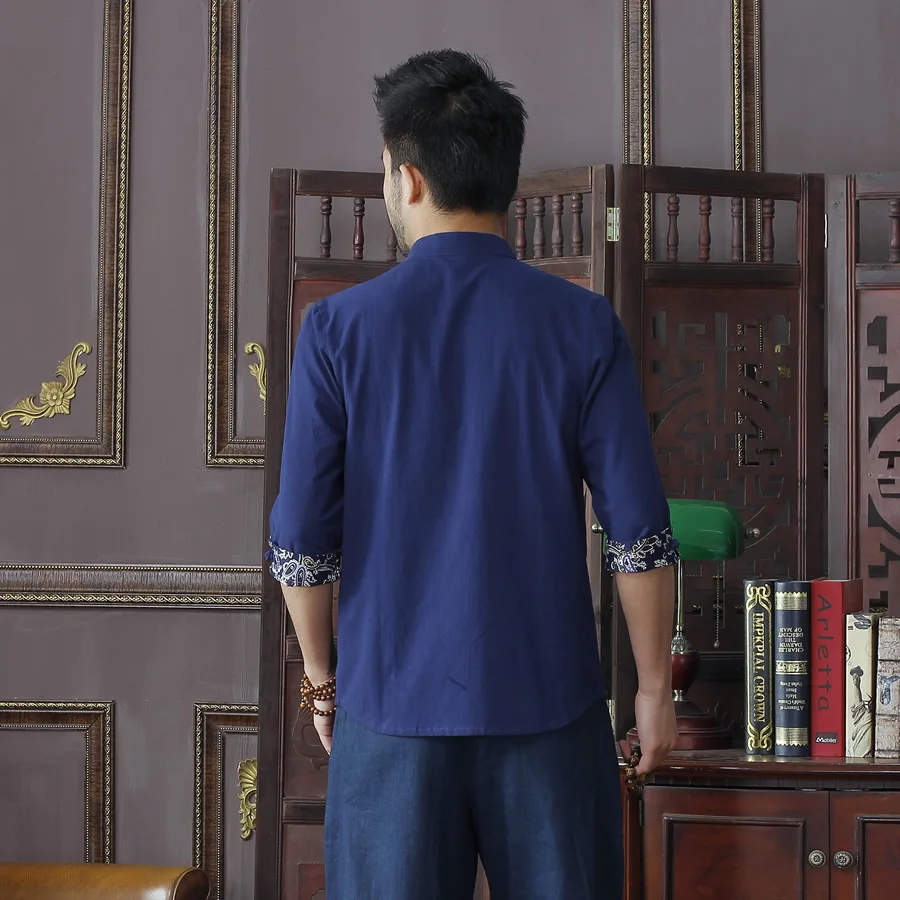 Рубашка мужская хлопково льняная с коротким рукавом винтажная сорочка кунг фу в