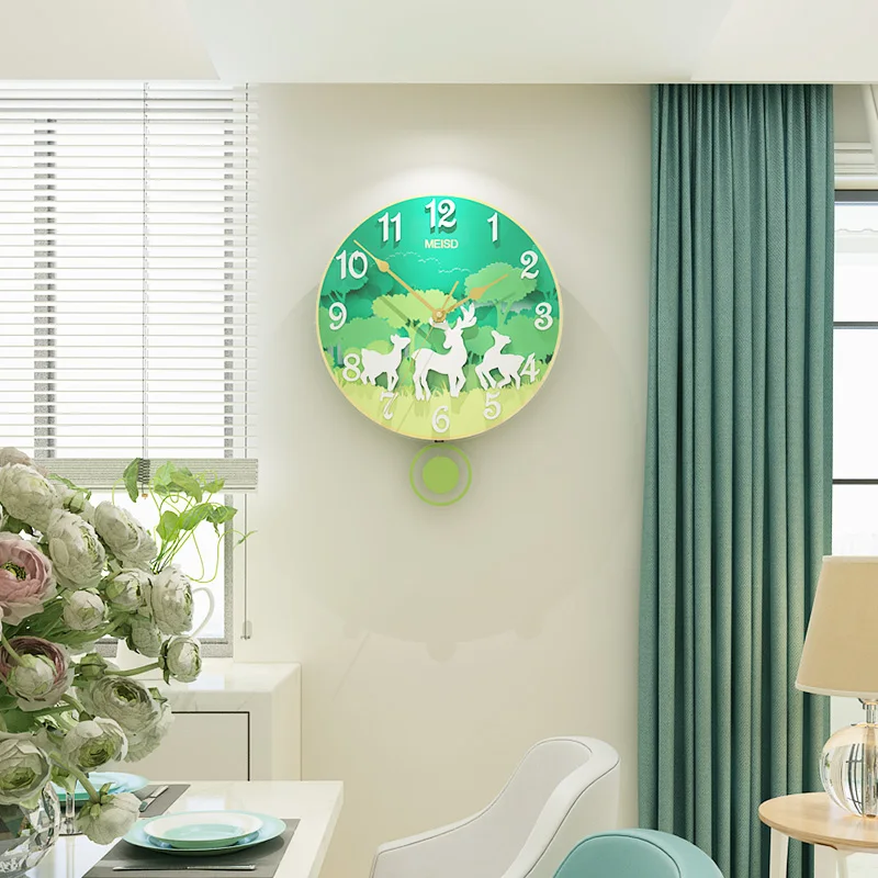 

MEISD 3D Creative Green Forest Animal Bird Deer Round Wall Clock Modern Design Hanging Watch Silent Swingable Quartz Wall Clocks