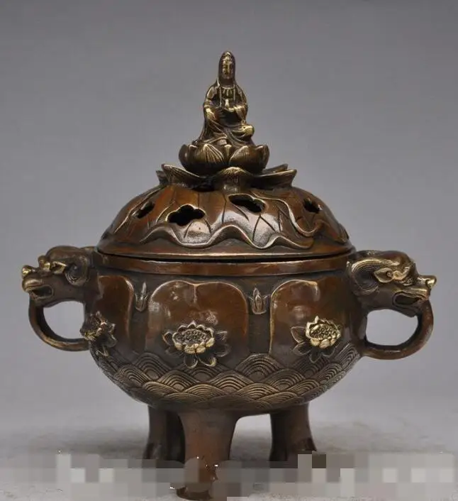 

S04020 8"Chinese Buddhism Bronze Lotus GuanYin beast head statue incense burner Censer B0403