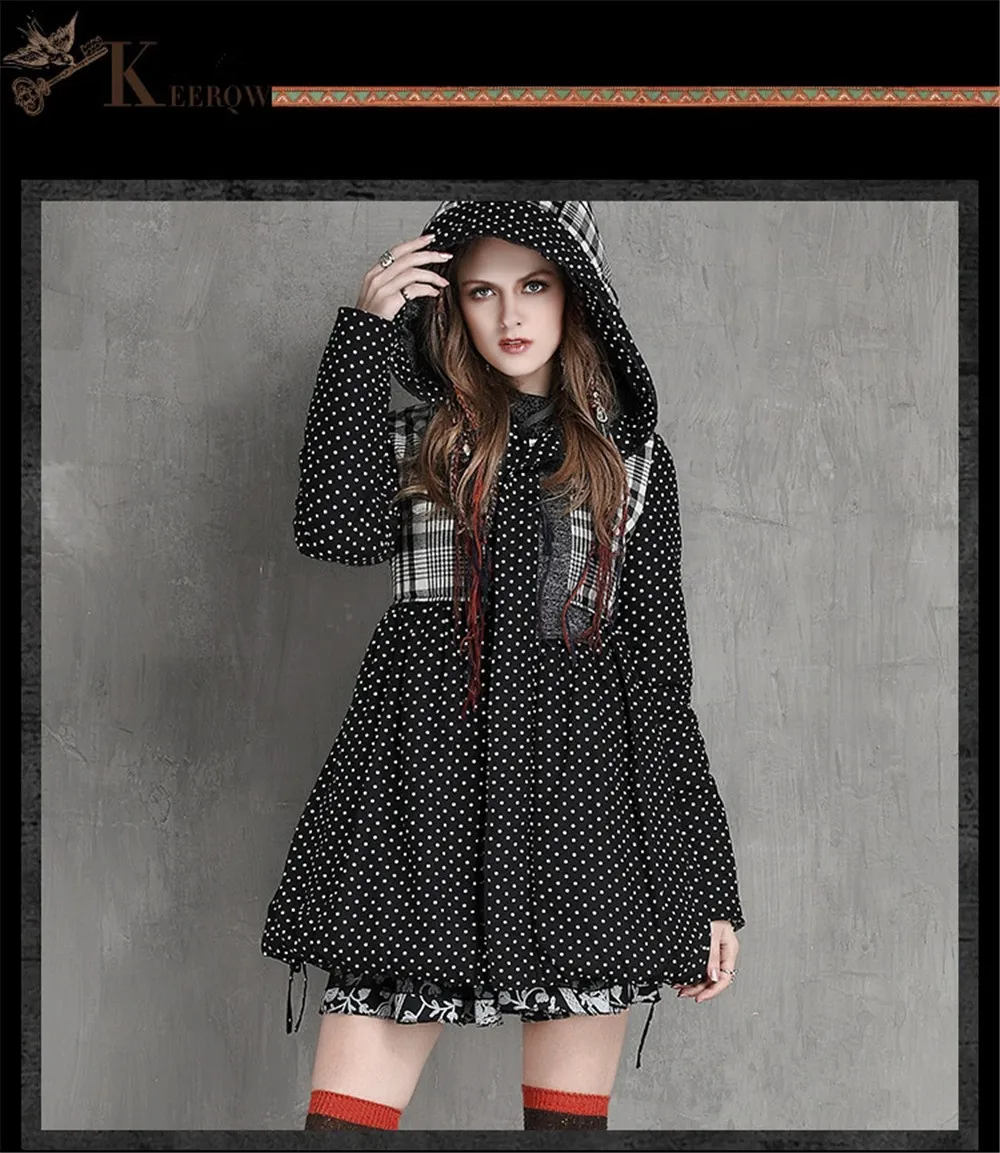 Vintage Thick Winter Women Hooded Coat 80% Cotton Polka Dot Patchwork Thicken Women Coats Warm Cotton Parka Linen Jacket Women (5)