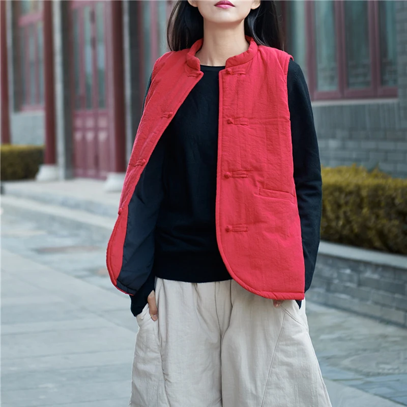 

Johnature Women Vest Coat Vintage Cotton Linen 2019 Autumn Winter New Pockets Button Thick Warm Loose Brief Stand Vest Coats