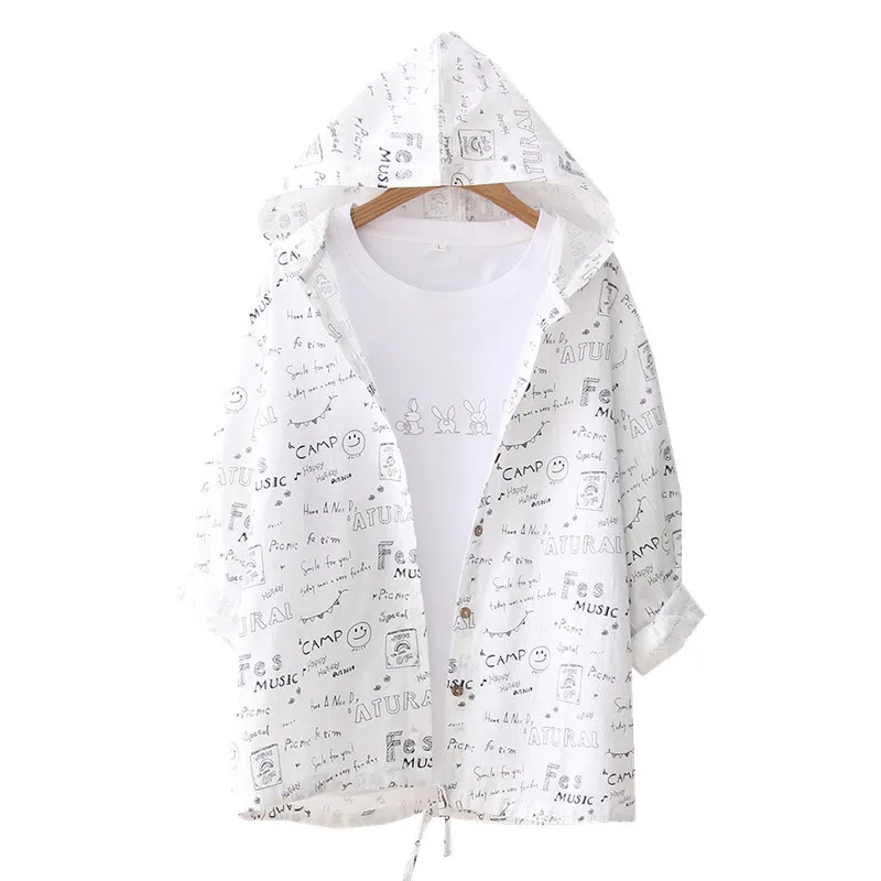 Women's Thin Coat 2019 Spring Autumn Short Jacket Letter Cartoon Hooded Long-Sleeved Women Summer Sun Protection Clothing | Женская