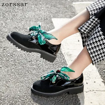 

High Quality Women oxfords Flats Platform shoes Patent Leather bow-knot Slip-on pointed Creeper black Brogue Loafers Brand