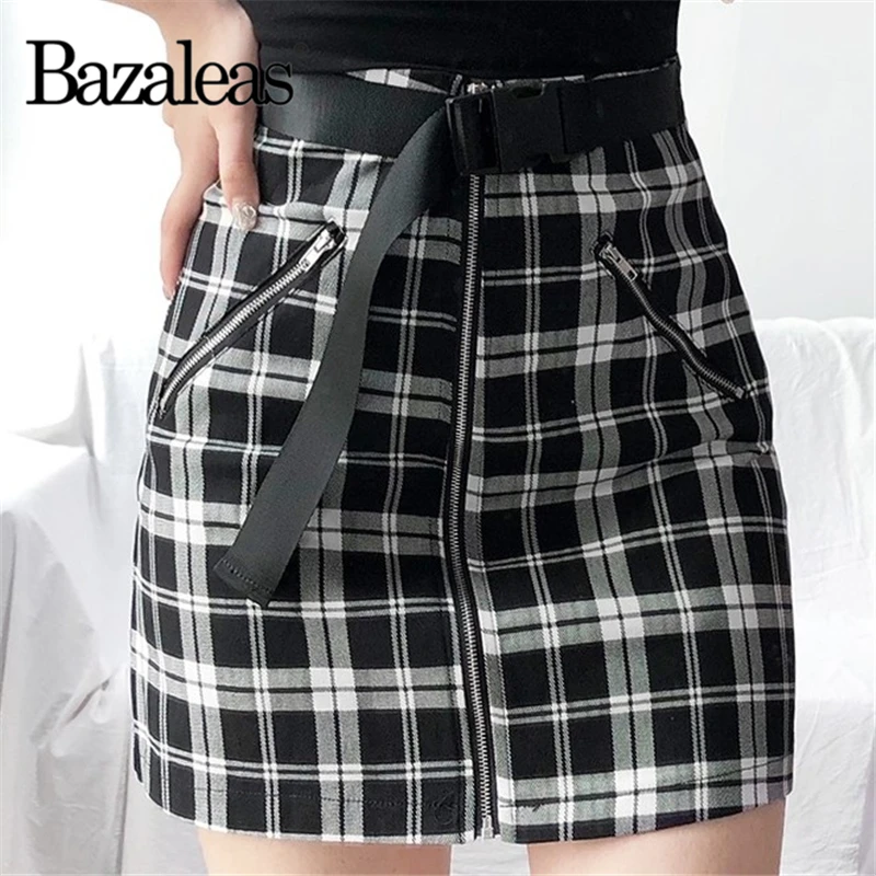

Bazaleas Streatwear High Waist Zipper Short Skirt Sexy plaid MIni Skirts womens Tartan Black White A-line Women Skirt harajuku