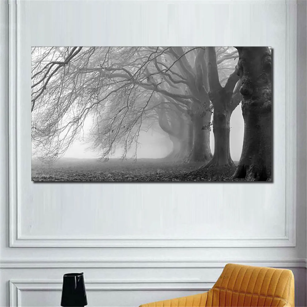 Картина на стену черная белая с изображением дерева в виде тумана|canvas painting oil|painting