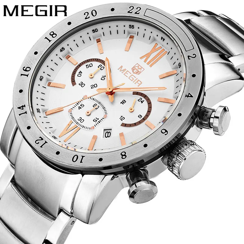 

MEGIR Chronograph Mens Watches Top Luxury Brand Clocks Steel Strap Date Quartz Men Male Watch Military Army Sport Clock Box 3008