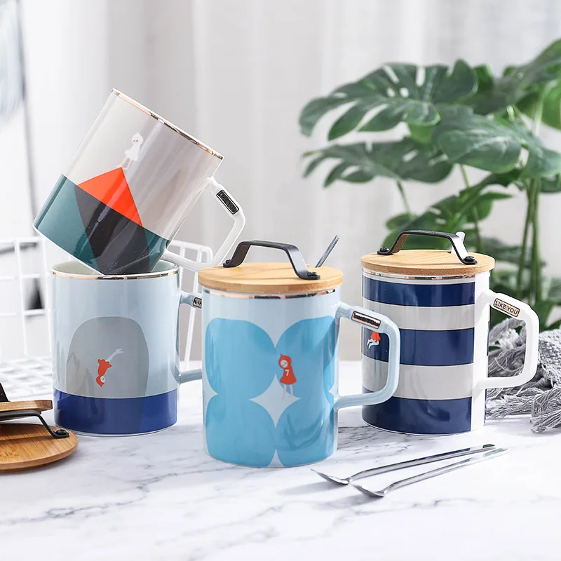 

400ml Creative Bamboo Cover Coffee Cup Navy Wind Ceramic Mug with Handle Stainless Steel Spoon for Office Gift