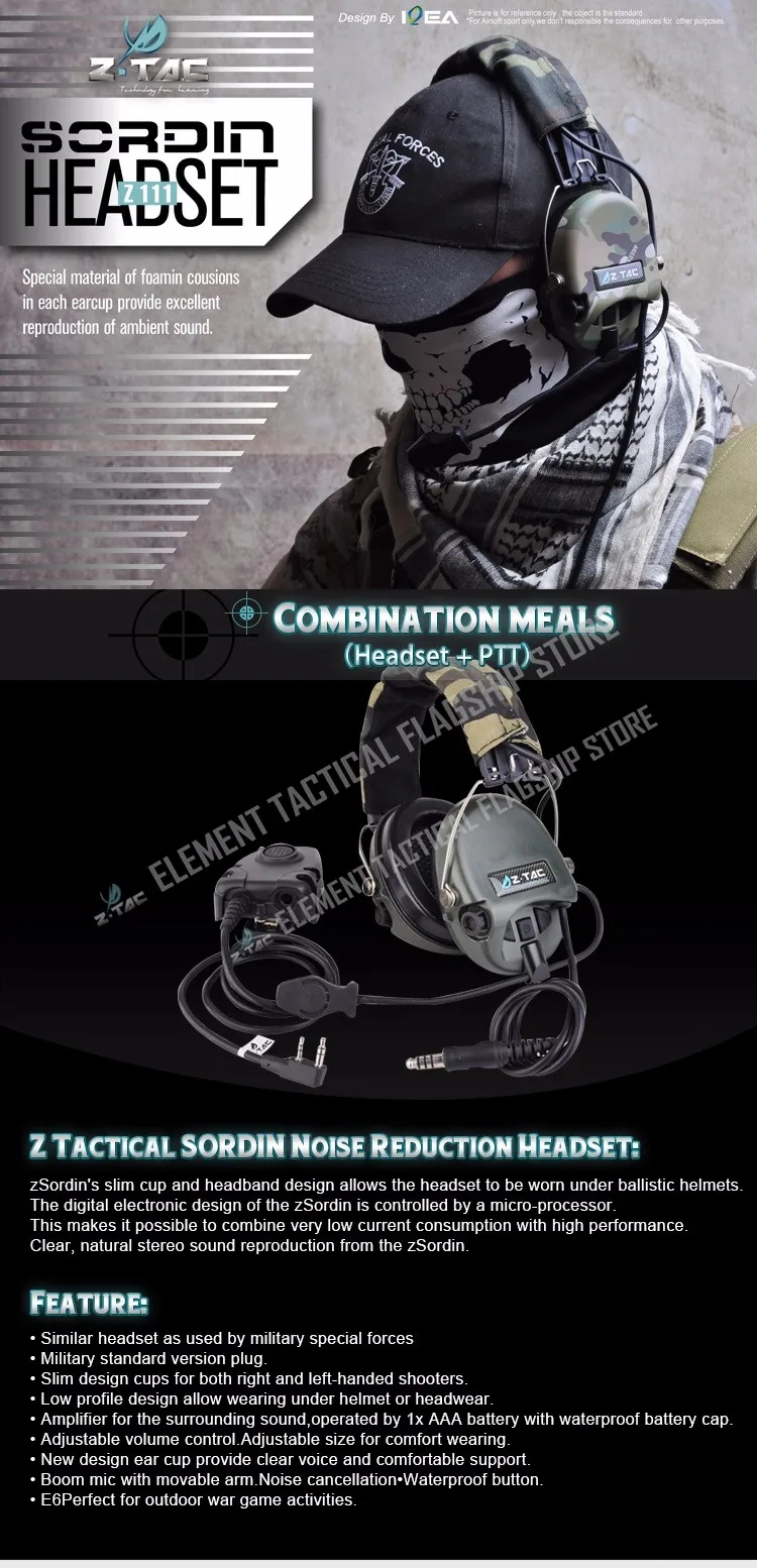 Z-tactical анти-шум Z-TAC гарнитура Sordin тактические наушники Z111 DE с тактическим zPeltorPTT Военная стандартная версия Z112