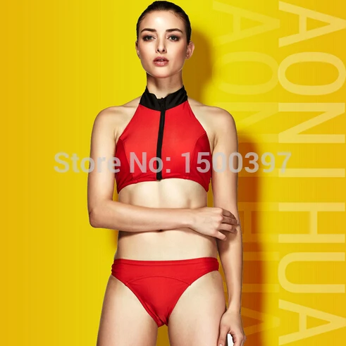 Red 2 pcs Women Bikini Zipper Design Top with Padd...