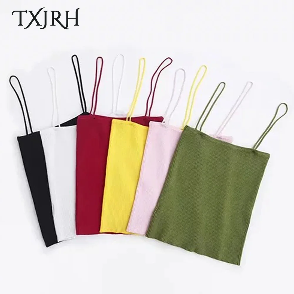 

TXJRH Sexy Candy Colors Fitness Slim fit Tight Spaghetti Strap Camis Tops Knitted Ribbed Striped Line Short Tee Women 6 Colors