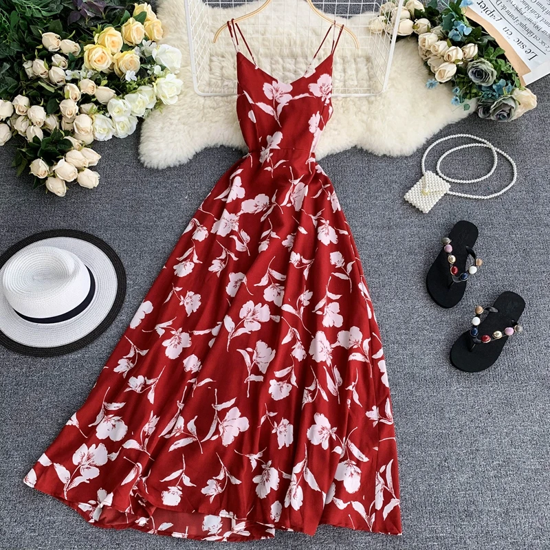 Новинка, сексуальное пляжное платье для отдыха, женское винтажное летнее платье, богемное Макси длинное красное платье с цветочным рисунком, женское шифоновое платье для подиума