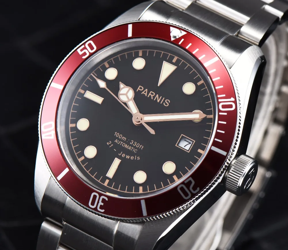 

Luxury 41mmPARNIS Black Dial Rotating Bezel Luminous marks Sapphire Miyota Date Stainless Case Automatic movement men's Watch