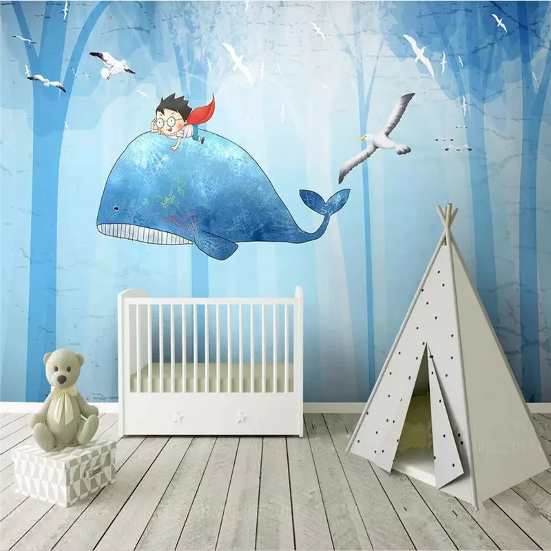 Custom Mural Wallpaper Whale Forest Cute Cartoon Children's Room Background Wall