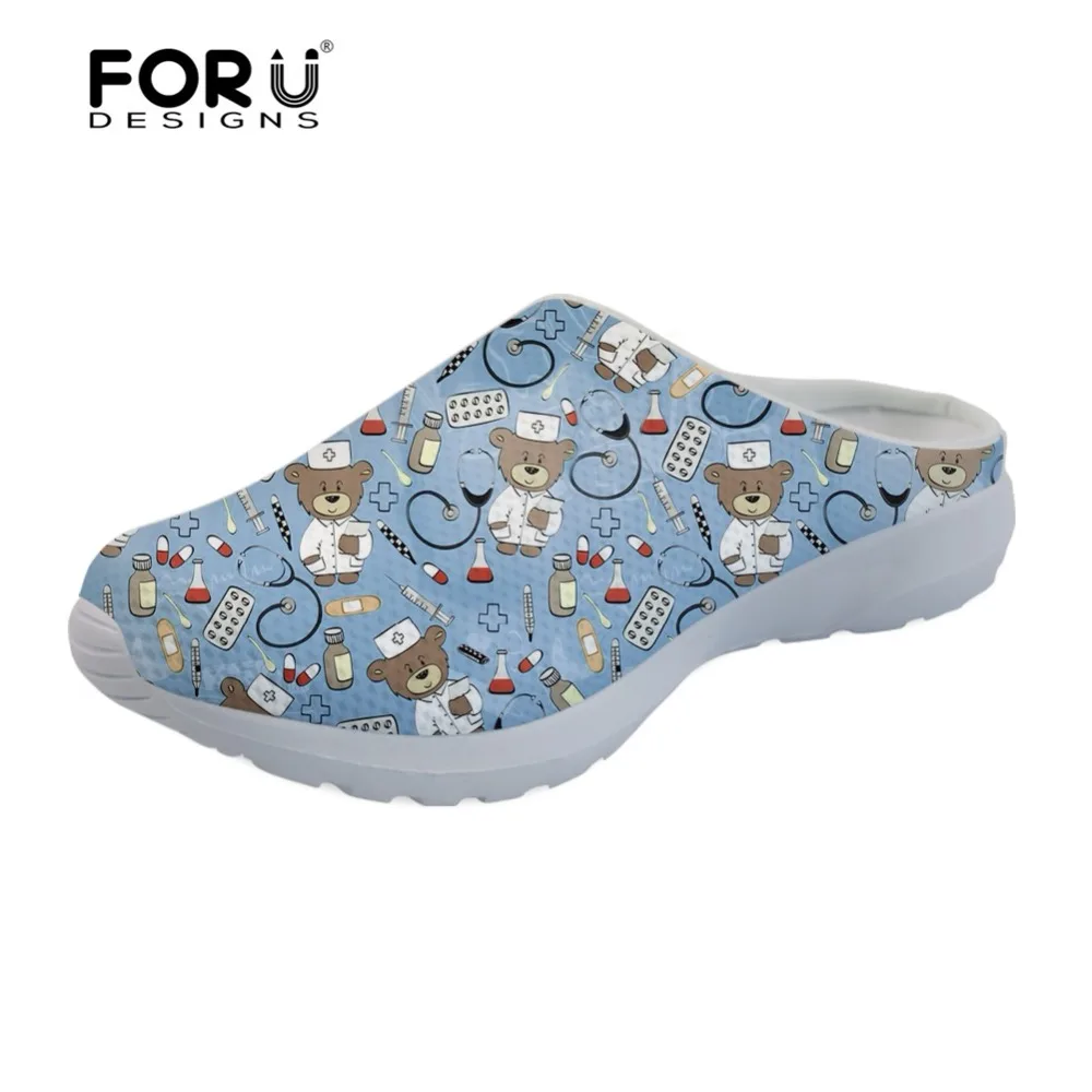 

FORUDESIGNS Slippers Women Blue Cute Nurse Bear Pattern Summer Women's Home Slippers Breathable Mesh Beach Sandals for Female