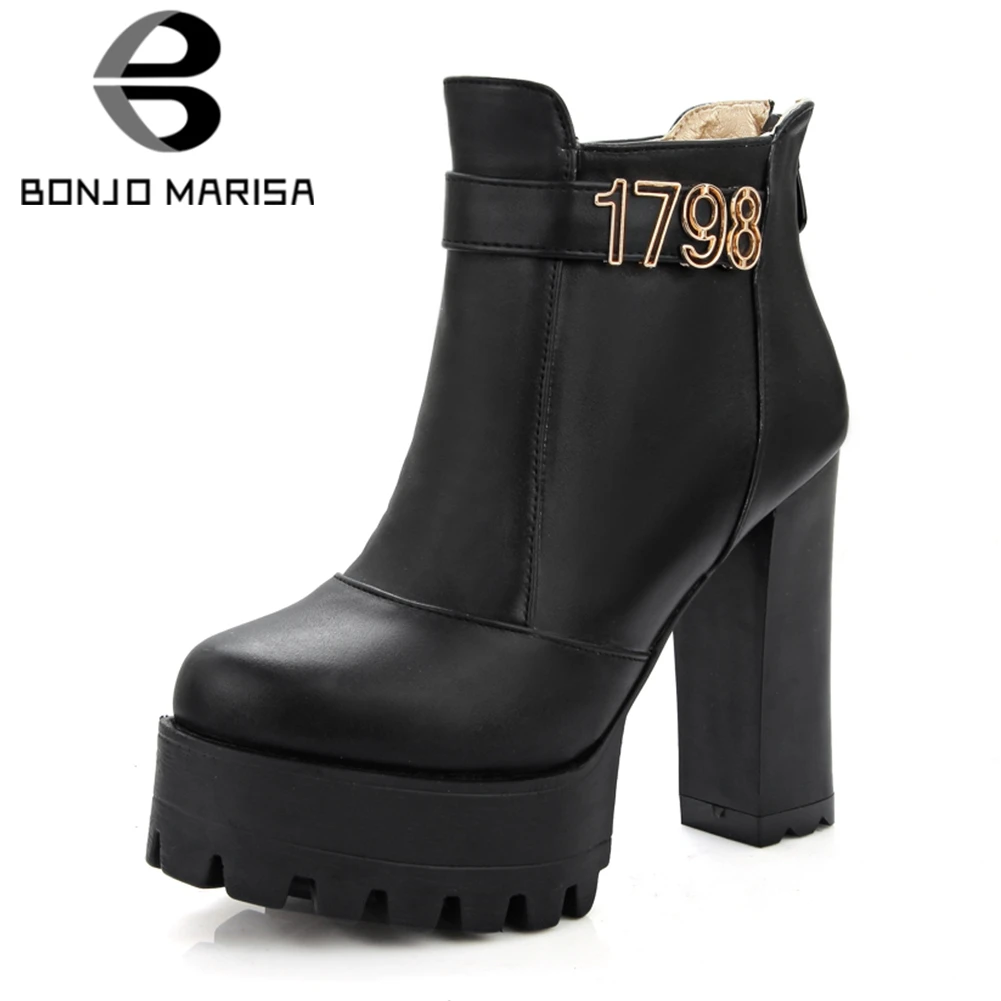 

BONJOMARISA Winter Spring 33-43 Fashion Decorating Ankle Booties Women Motorcycle Fur Boots Waterproof High Heels Shoes Woman