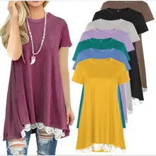 Черная короткая Кружевная футболка женская с кружевным лоскутным низом женская футболка Топ Футболка Harajuku Muje с круглым вырезом Хлопок повседневные топы лето