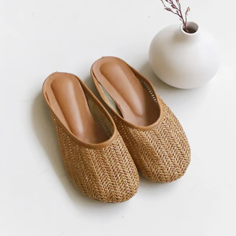 

2019 Summer Japanese mesh flax-woven mules shoes women closed toe retro flat slippers woman lazy slip on moccasins loafers comfy