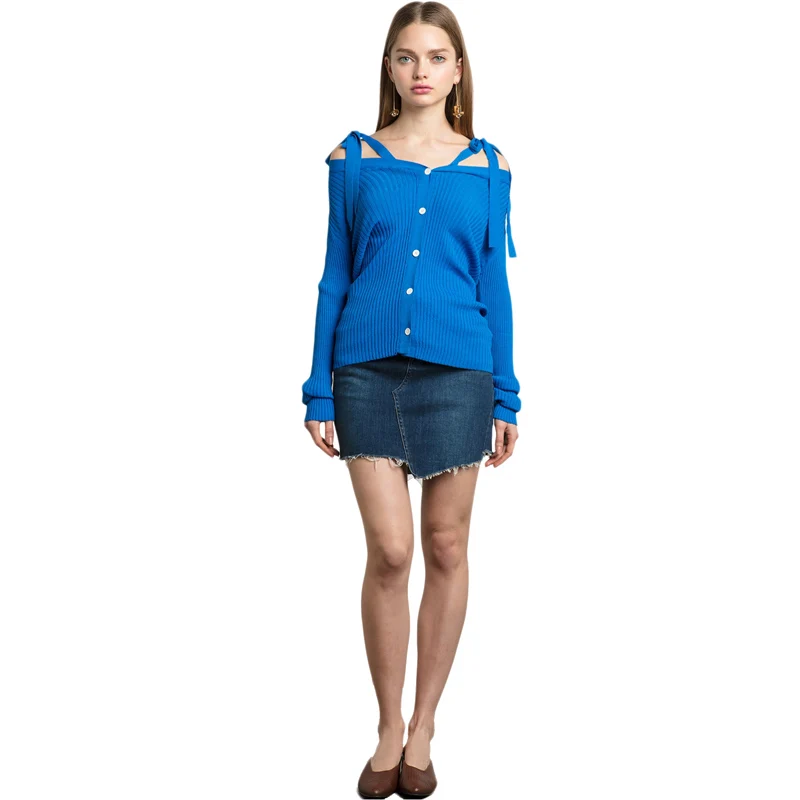 HYH HAOYIHUI Fashion Women Solid Blue Autumn Full Preppy Off Shoulder Strap Top Sweet Slash Neck Long Sleeve Button Lady Sweater HYH HAOYIHUI Fashion Women Solid Blue Autumn Full Preppy Off Shoulder Strap Top Sweet Slash Neck Long Sleeve Button Lady Sweater