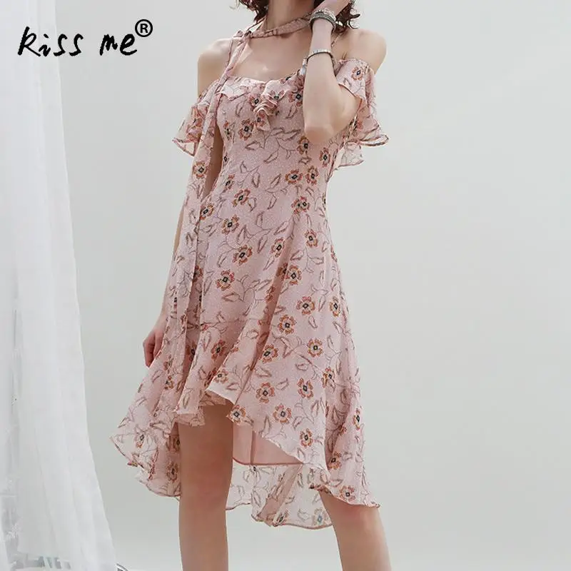 

Sexy Off Shoulder Beach Dress Bohemian Style Chiffon A-Line Slip Dress Floral Printed Dress Girl Flounce Backless Summer Beach