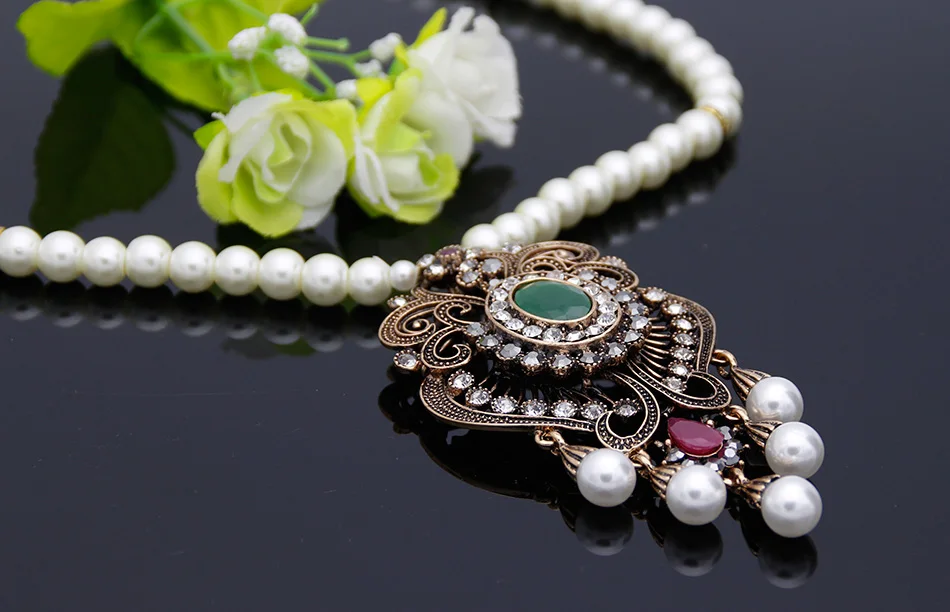 Vintage Flower Strand Bead Pendant Necklace Set Women Antique Simulated-pearl Chain Turkish Bridal Indian Wedding Resin Jewelry - Image 3