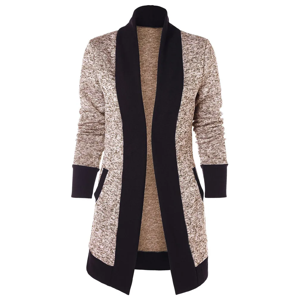 

Newly Women Winter Cashmere Cardigan Colorblock Stitching Wraps Mid-length Coat DO99